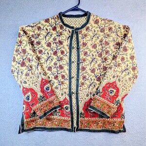 Reversible Kantha Quilted Jacket Block Print Floral Boho Artisan OOAK Size M
